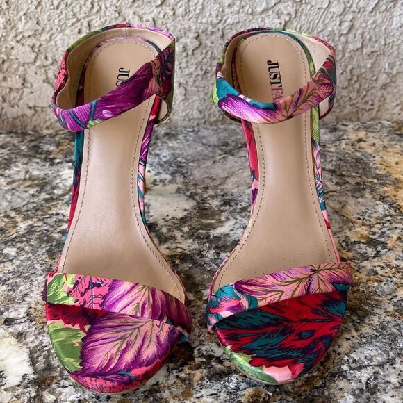 JustFab Floral Print Stiletto Heels – Strappy High Heels, Size 7.5 - Picture 2 of 6